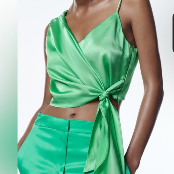 ZARA Intense Green Sstin Effect Asymmetric Wrap Front Tie Top. Size Small - Picture 1 of 14